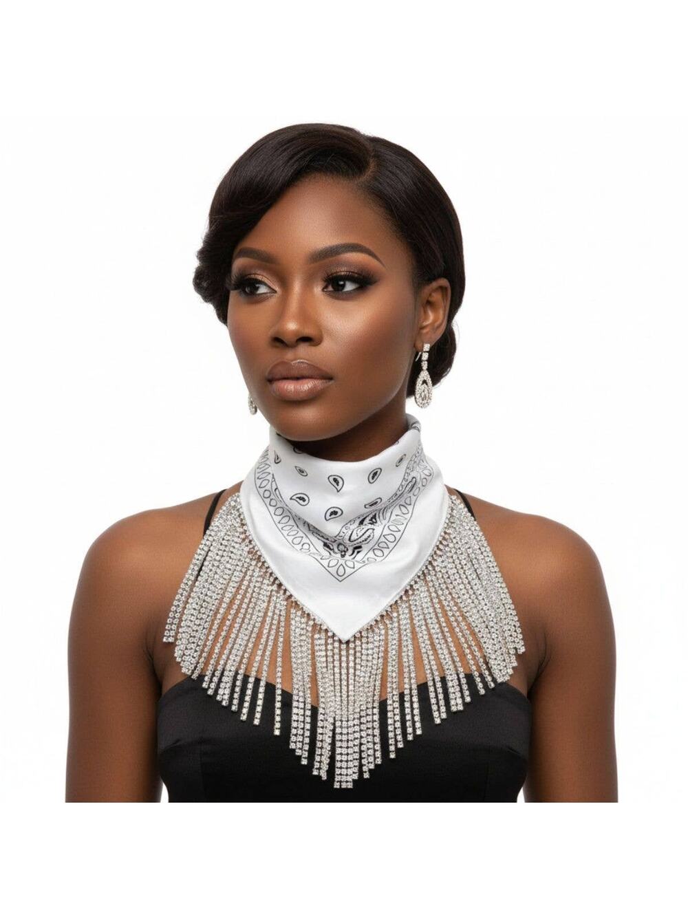 White Bandana Bling Fringe Scarf Necklace